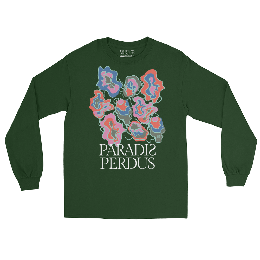 T-shirt manches longues en coton vert sapin imprimé “Sfogliatelle” de Paradis Perdus® 3 Le KRUSH workshop boutique T-shirt manches longues en coton vert sapin imprimé “Sfogliatelle” de Paradis Perdus® posé à plat devant